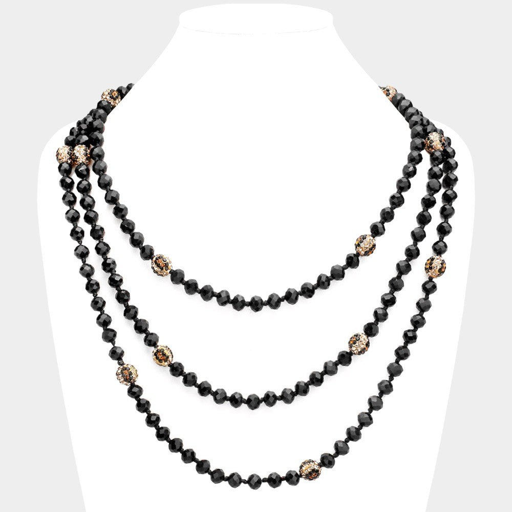 Women's Leopard Pattern Shambhala Black Ball Accented Faceted Bead Long Necklace
