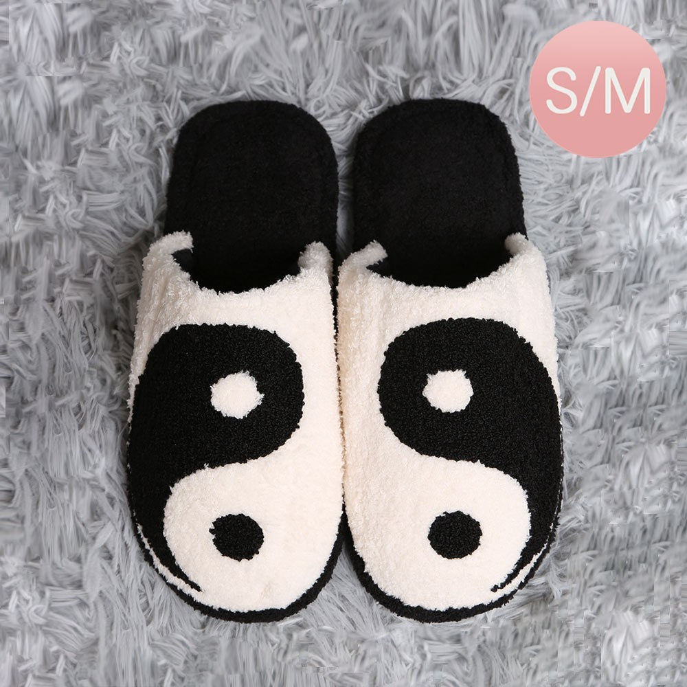 Yin Yang Print Soft Indoor Floor Slippers Unisex S/M White Black 100% Polyester