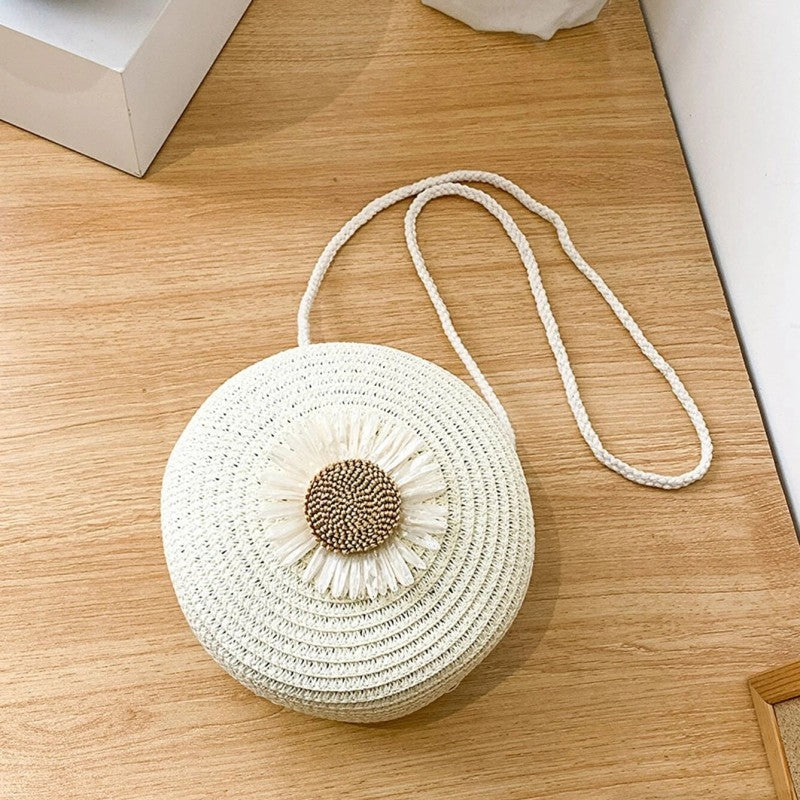 Women's Daisy Straw Circle Crossbody Bag Summer Beach Handbag White