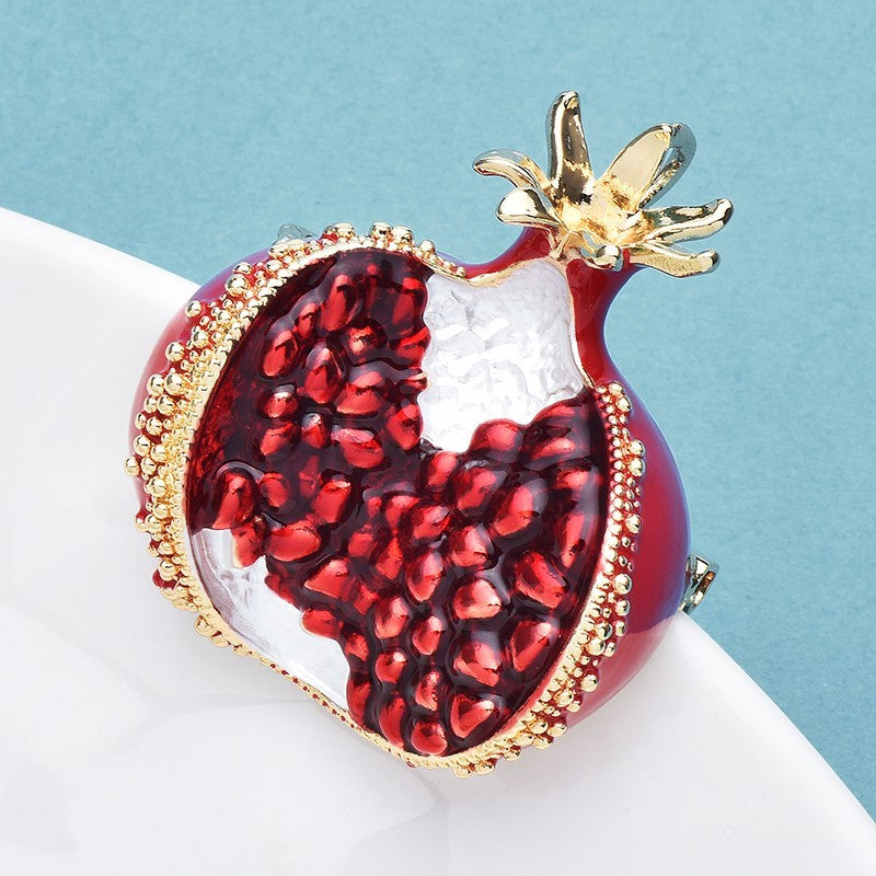 Red Pomegranate Brooch Glossy Finish Gold Accent Realistic Seed Detail
