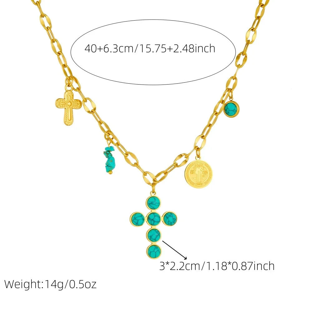 Stainless Steel Turquoise Inlay Cross Pendant Necklace for Women and Girls