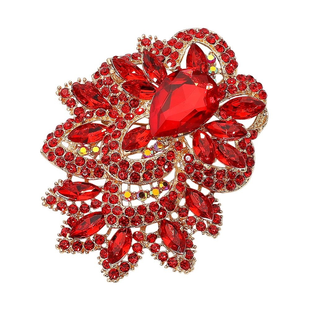 Sparkling Ruby Red Crystal Floral Statement Brooch Gold Tone Large Pear Pin