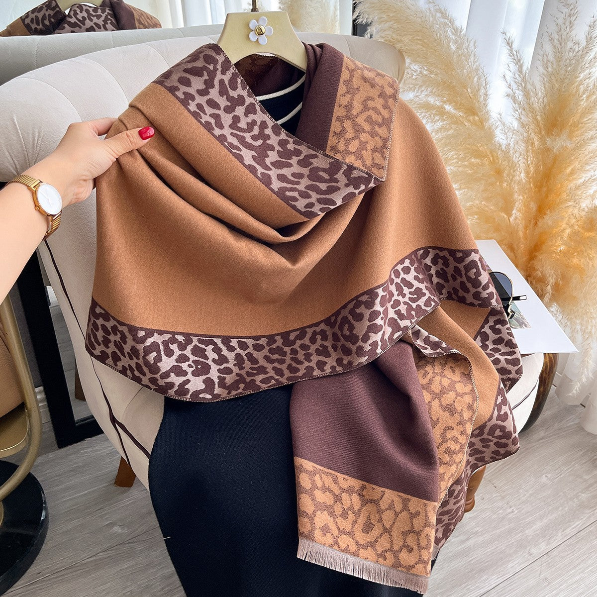 Camel Brown Leopard Print Winter Scarf Shawl Wrap Blanket Oversized Gift