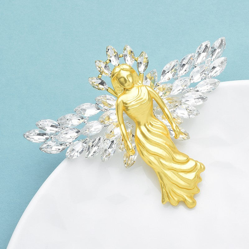 Gold Angel Wings Brooch Clear Rhinestone Pin Large Costume Jewelry