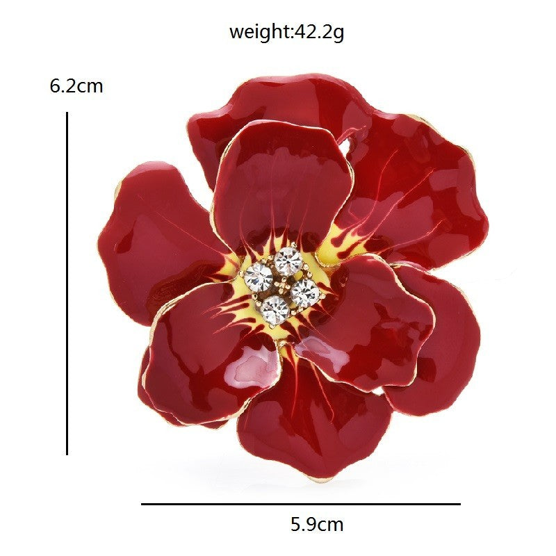 Poppy Flower Red Enamel Brooch Pin Gold Tone Crystal Rhinestone Jewelry