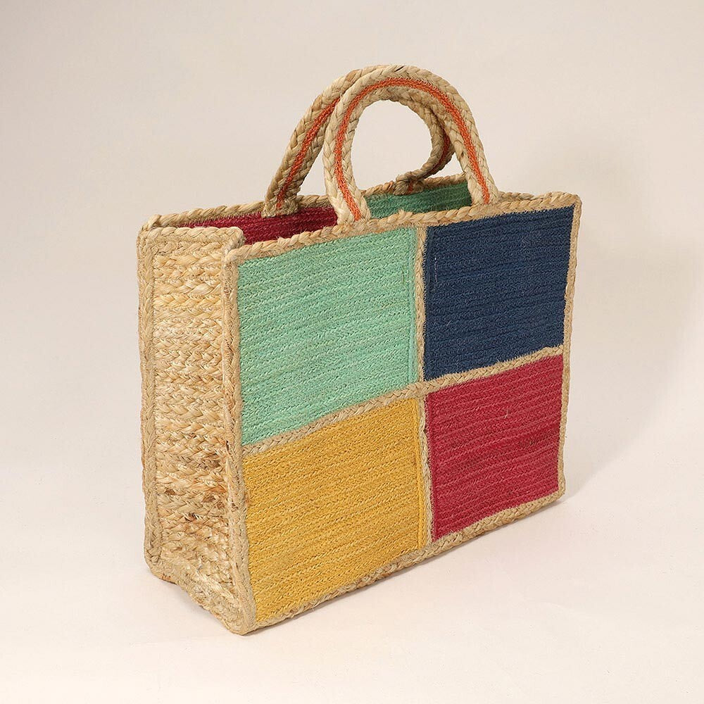 Color Block Jute Tote Bag for Women Boho Eco-Friendly Woven Handbag Summer Purse