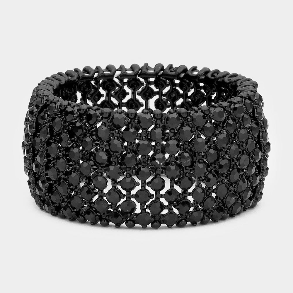 2PC Wide Crystal Stretch Bracelet Set – Black & Clear Pave Statement Jewelry