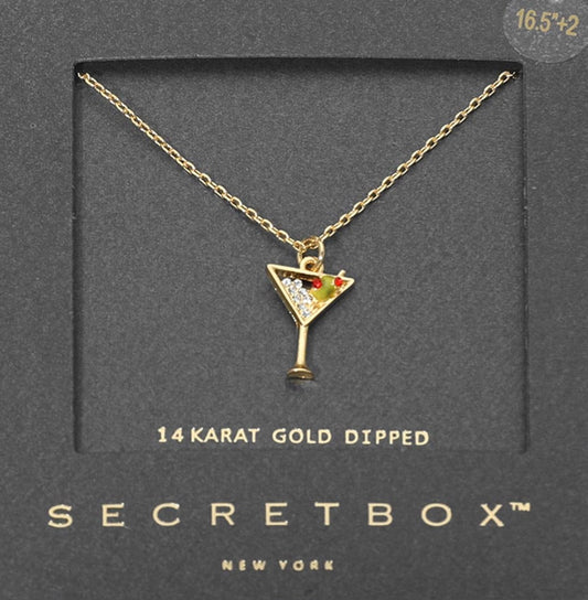 Gold Martini Glass Pendant Necklace with Crystal Accents and Olive Detail