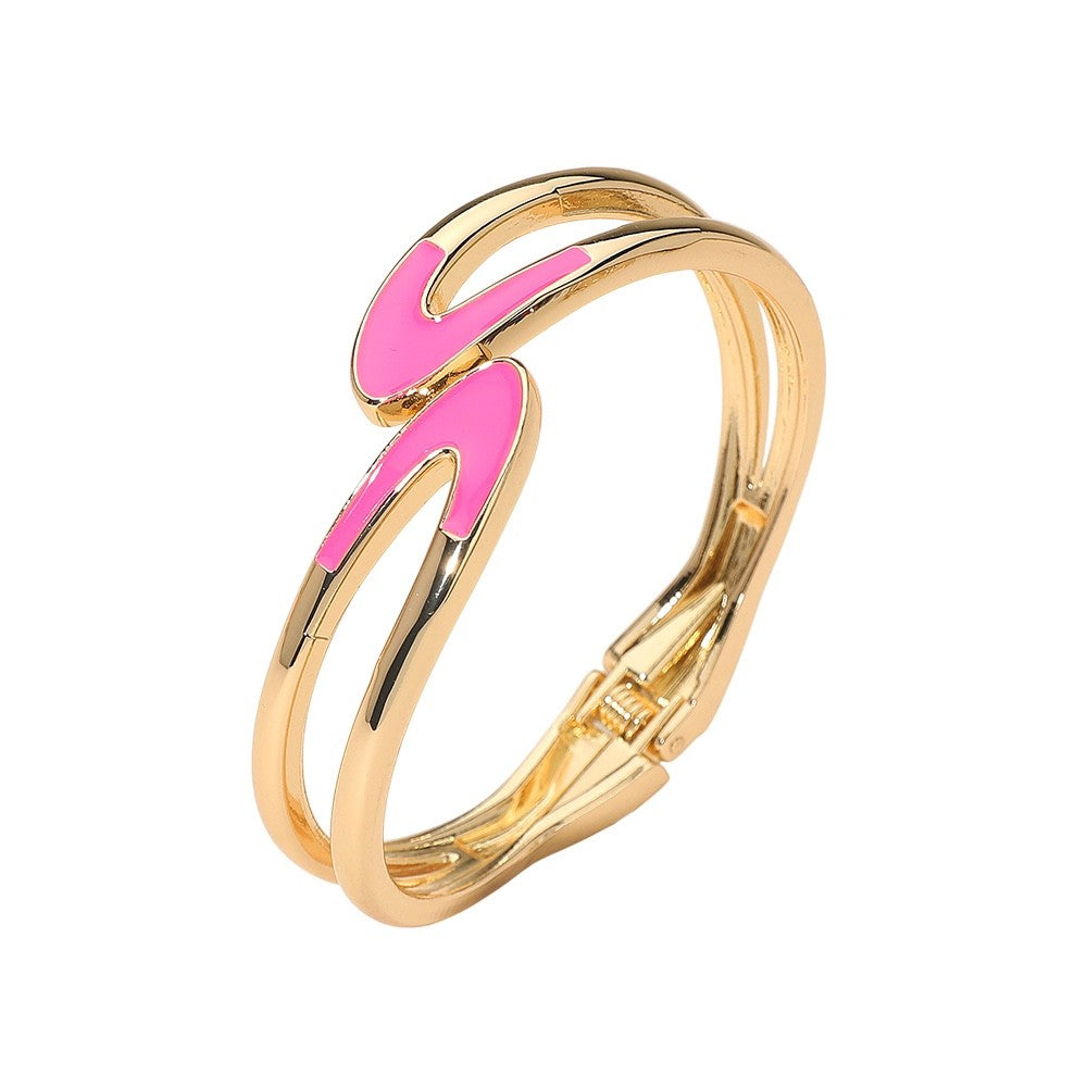 Gold Tone Pink Enamel Abstract Bypass Hinge Bangle Bracelet Modern Style