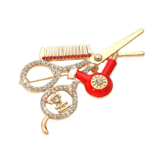 Gold Red Scissors Comb Blow Dryer Hairstylist Brooch Pin Fashion Jewelry
