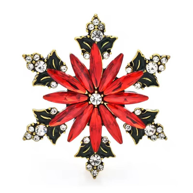 Red Poinsettia Snowflake Brooch: Crystal Holiday Pins for Women