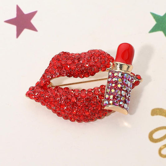 Red Crystal Pouty Lips and Lipstick Gold Tone Fashion Brooch Pin Statement