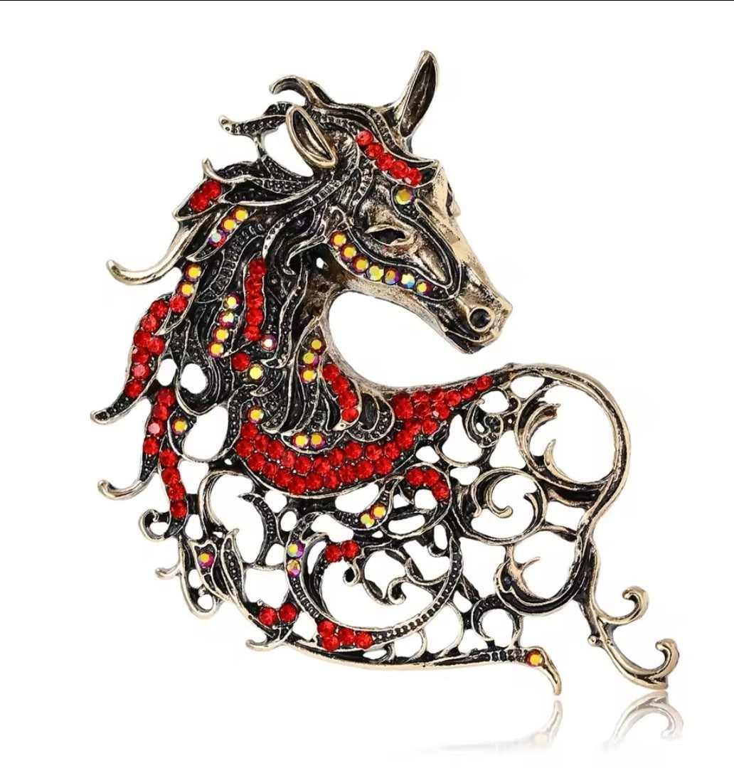 Antique Rhinestone Horse Brooch Pin Statement Jewelry Turquoise Pink