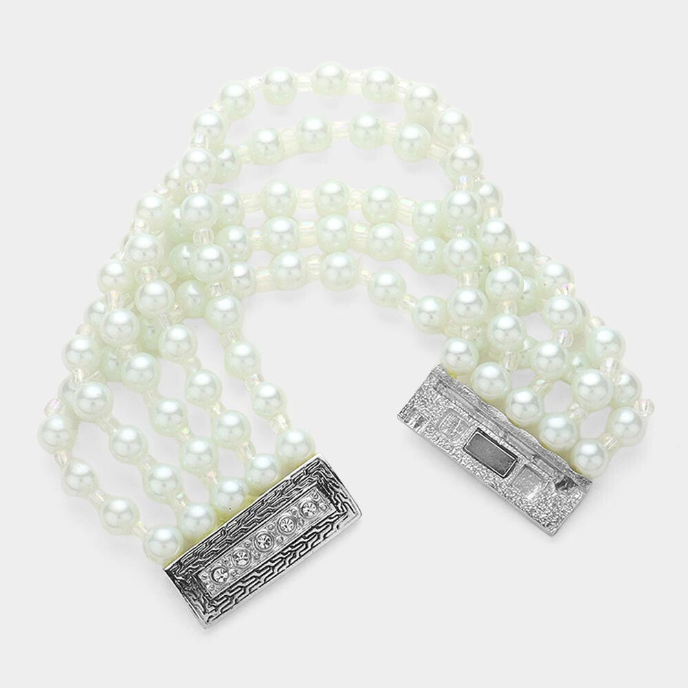 2pcs Multi-Strand Pearl Beaded Magnetic Bracelet Set Women’s Stretch Cuff White