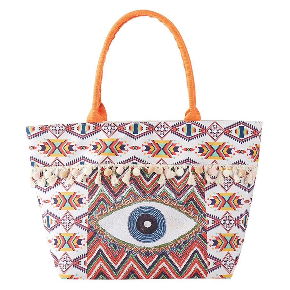 Evil Eye Boho Print Pom Pom Fringe Tote Bag Colorful Shoulder Bag for Women