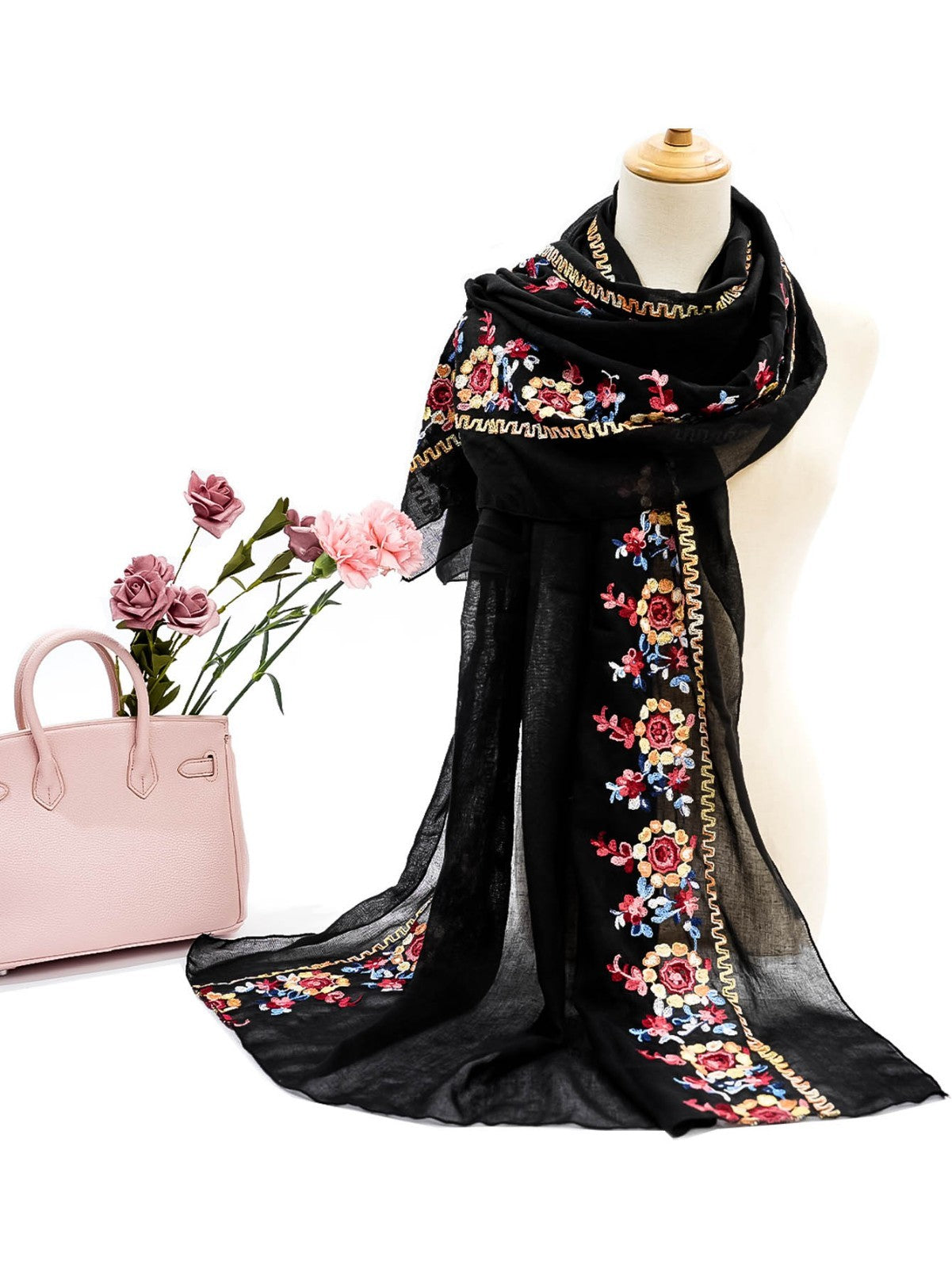 2Pcs Black Embroidered Floral Shawl Wrap Scarf Set Oversize Lightweight Sheer