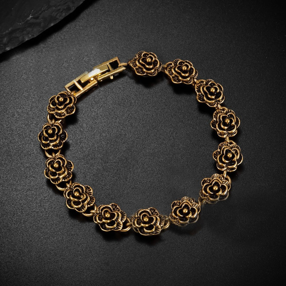 Vintage Style Gold Rose Flower Link Bracelet Jewelry Gift