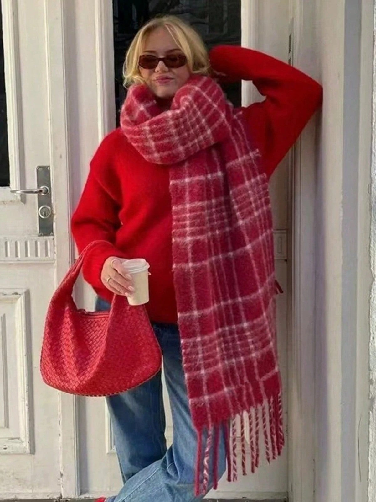 Chunky Plaid Scarf Red White Checkered Oversized Tassel Blanket Wrap Shawl