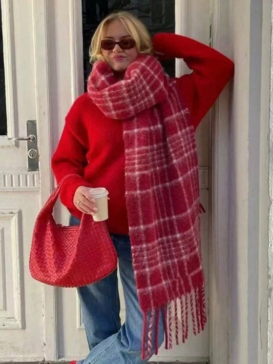 Chunky Plaid Scarf Red White Checkered Oversized Tassel Blanket Wrap Shawl