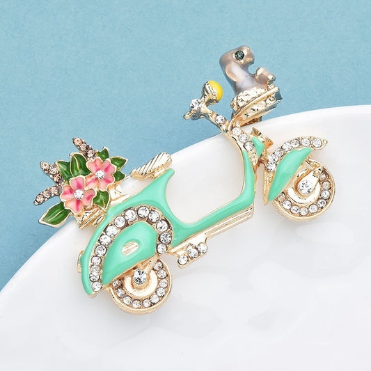 2pc Retro Enamel Scooter Brooch Set Green Motorbike Flower Rhinestone Pins