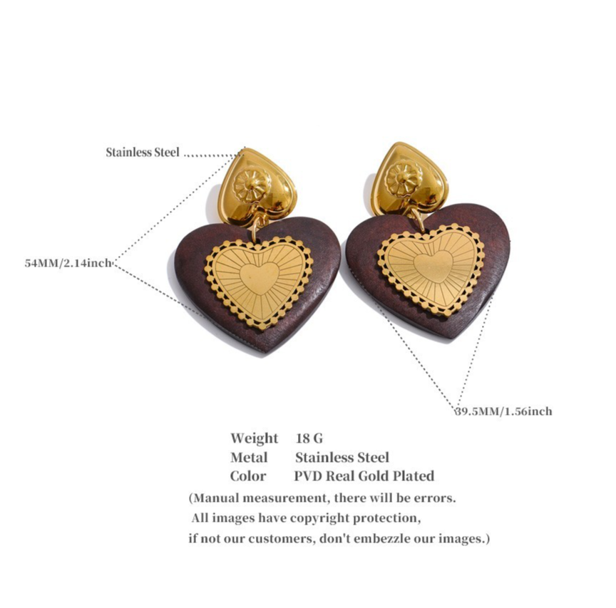 Wood Heart Dangle Earrings 18K Gold Plated Stainless Steel Drop