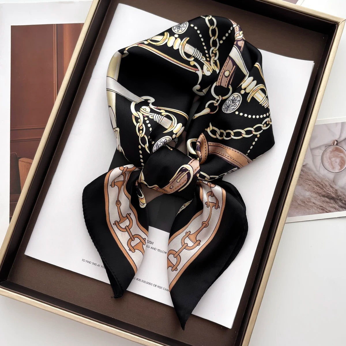 Black Gold Equestrian Chain Print Scarf Silk Feel Square 27.5 inch Bandana