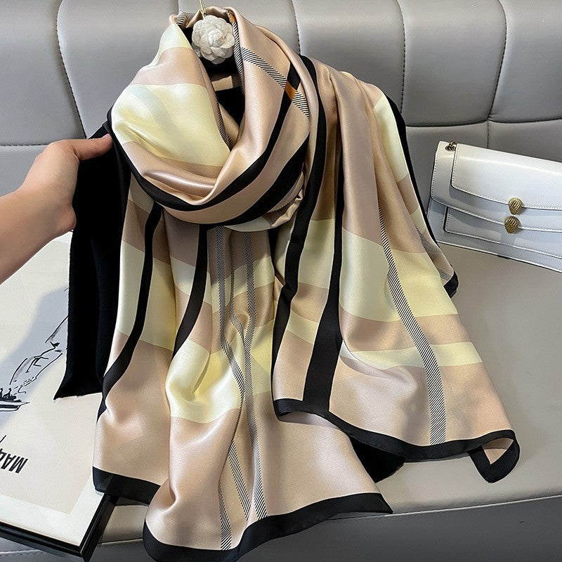 2pcs Silk Feel Plaid Scarf Set Large Geometric Check Satin Wrap Shawl 71x35in