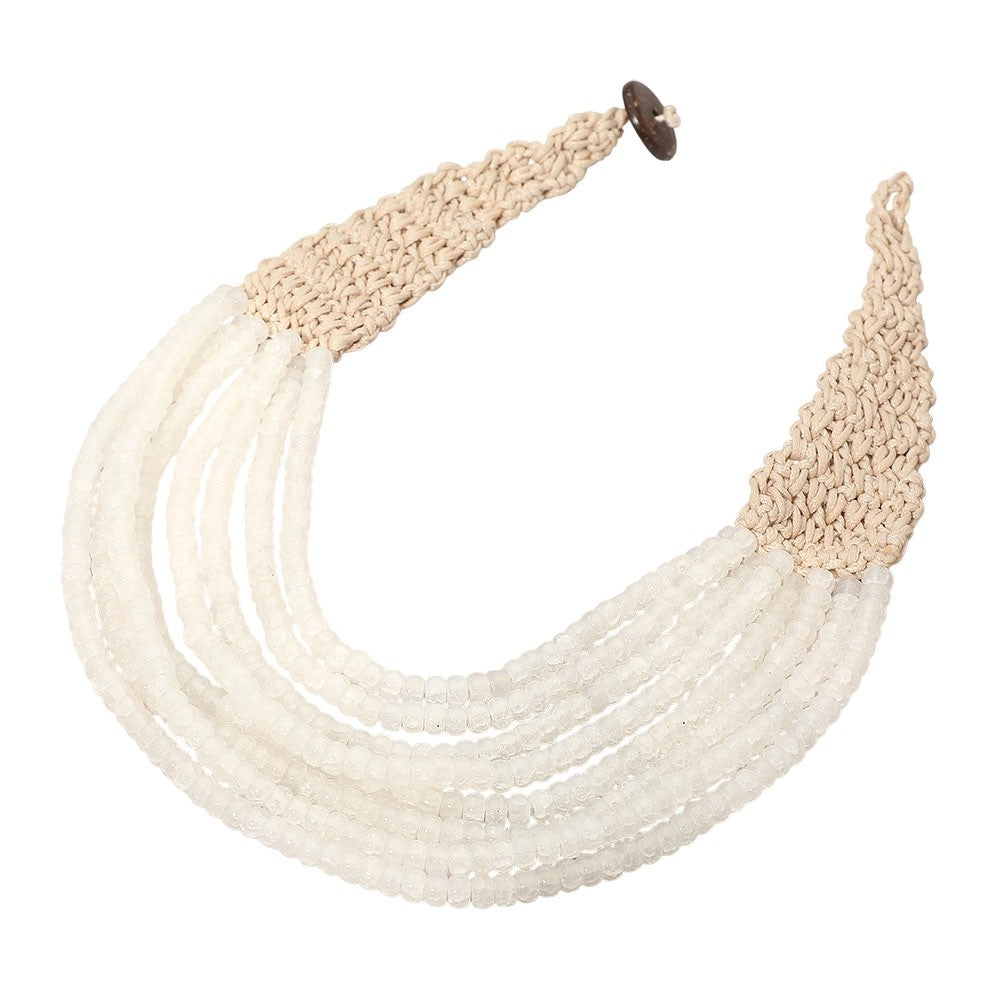 Handmade Multi-Strand White Seed Bead Statement Necklace with Woven Crochet Stra
