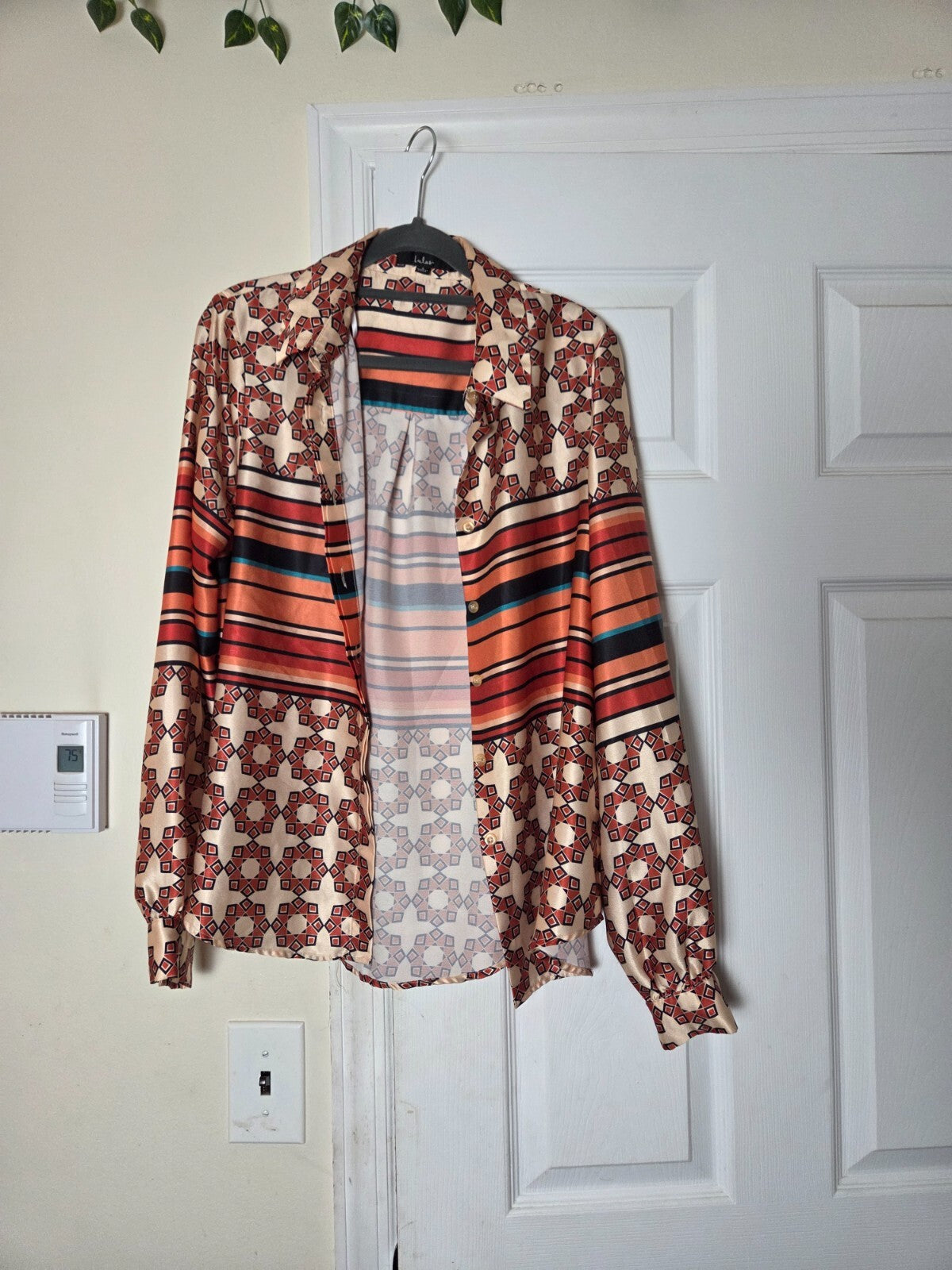 Getting in the Groove Ivory Striped Geo Print Button Up Top Small  for Women 