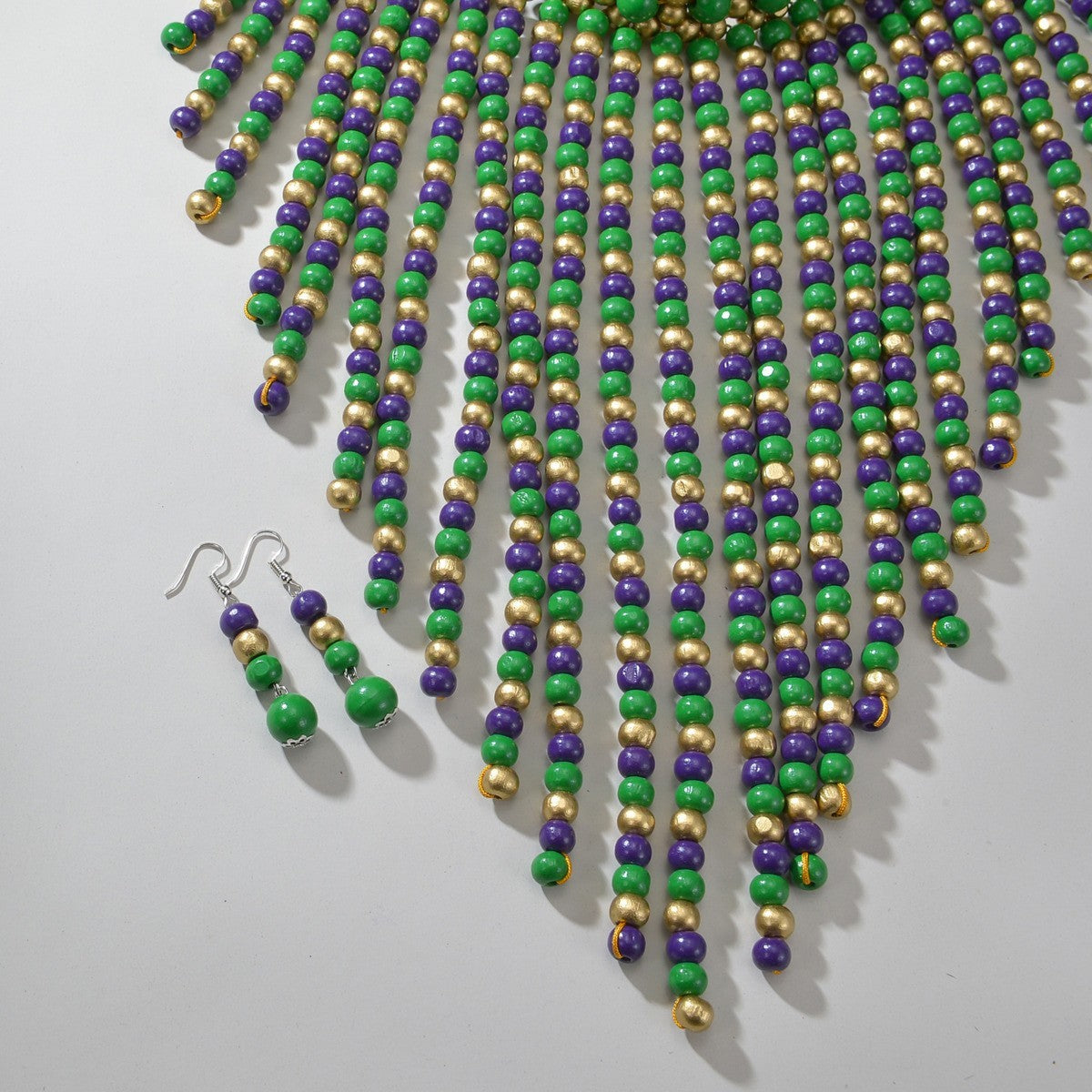 Ethnic Beaded Fringe Statement Necklace Earrings Set Green Purple Gold