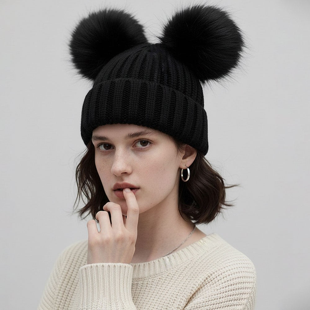 Women's Double Pom Pom Beanie Black Knit Winter Hat Faux Fur Dual Bobble Cap