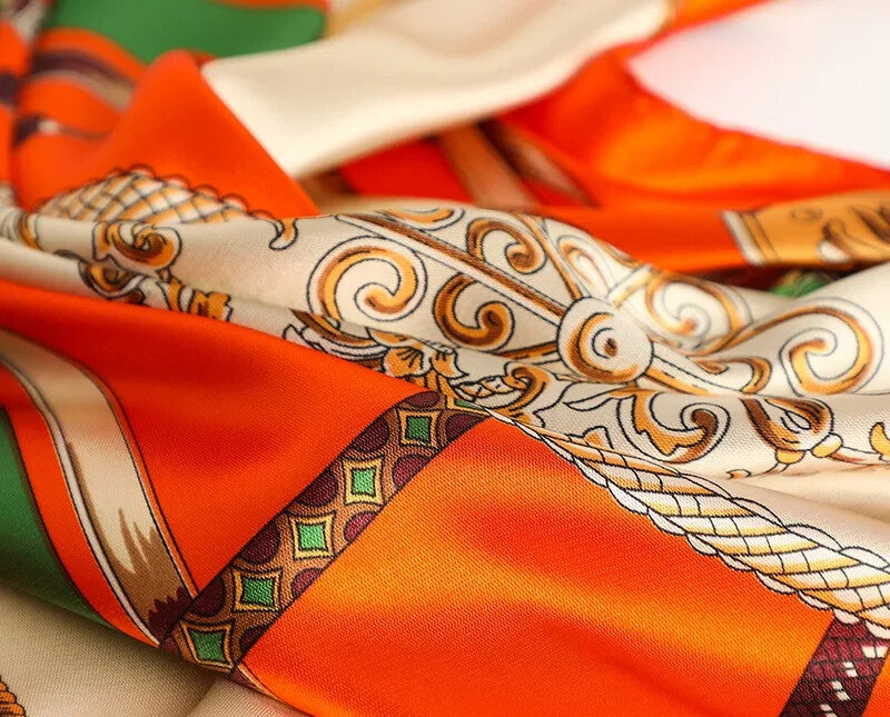 Luxury Printed Satin Square Silk Scarf for Women 35 Inch Hair Wrap Shawl Orange