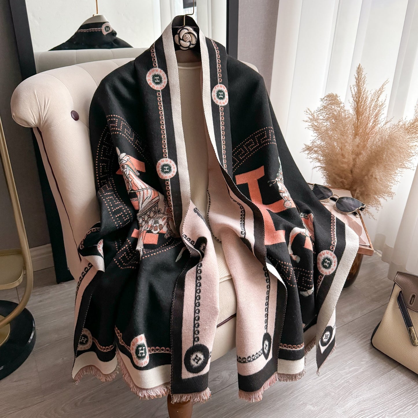 Luxury Oversized Shawl Blanket Scarf Black Pink Coral Horse Chain Print Fringed