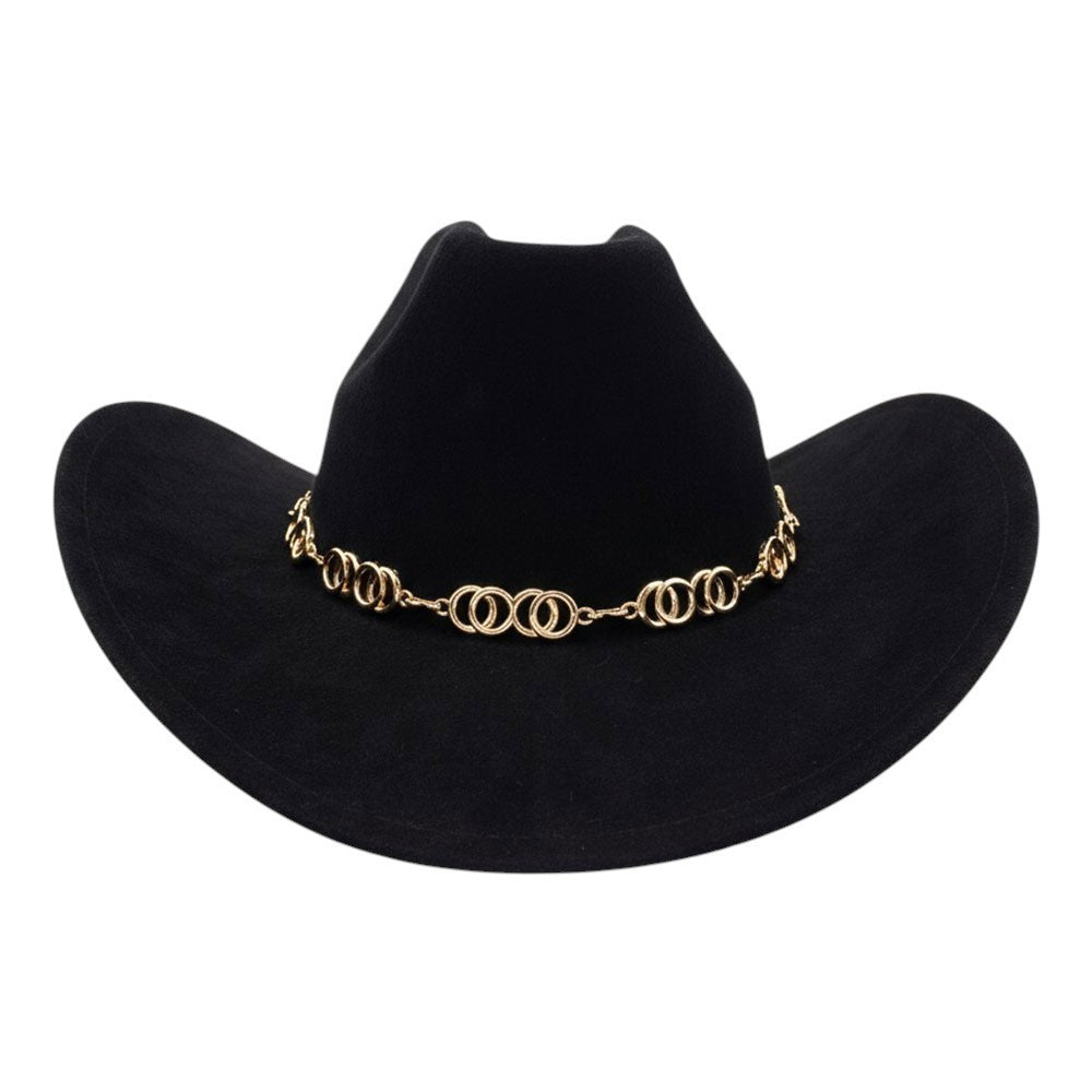 Black Felt Western Cowboy Hat w/ Gold Chain Band Women’s Fashion One Size