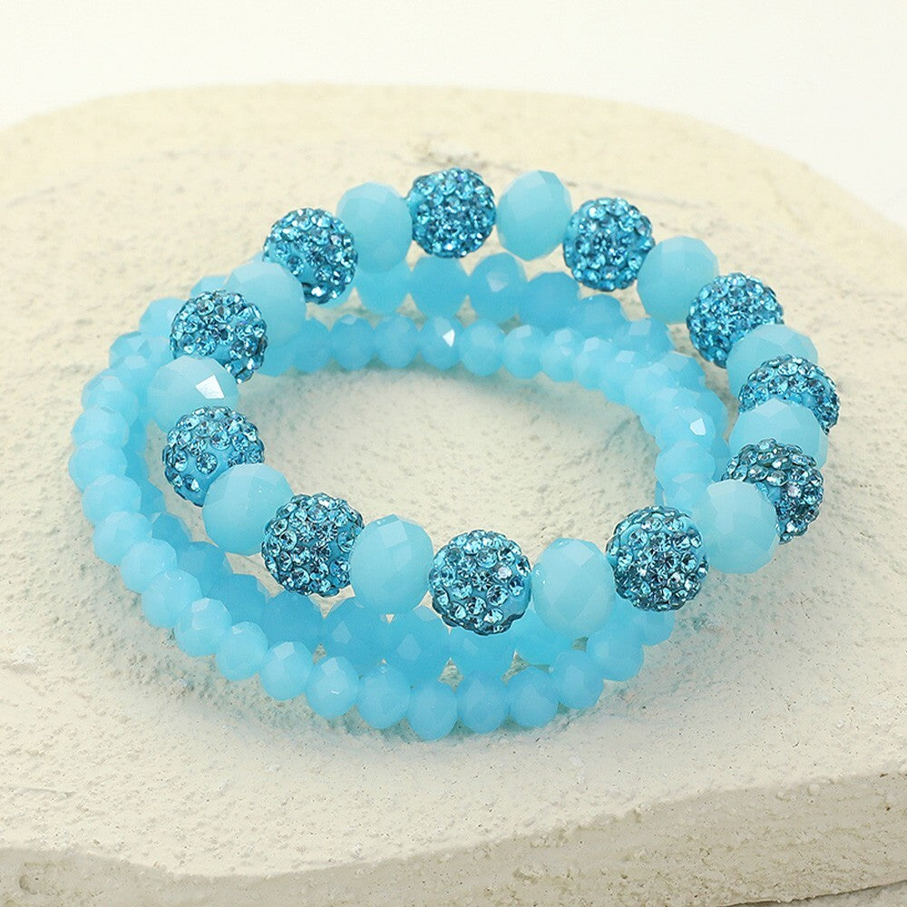 3PCS Shamballa Ball Multi Layered Stretch Beaded Bracelets Set Blue