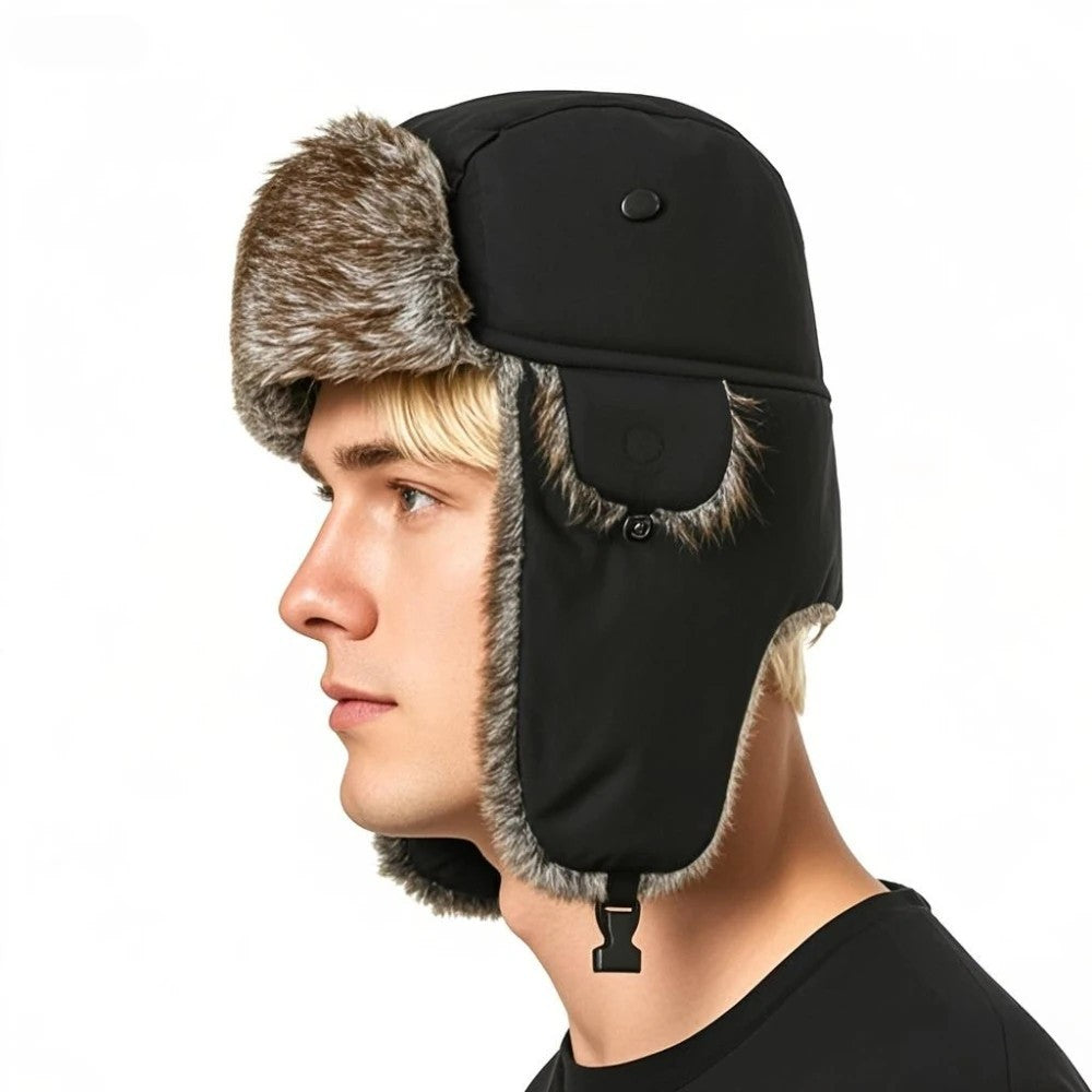 Black Faux Fur Trapper Hat Warm Winter Trooper Aviator Ski Cap Ear Flaps