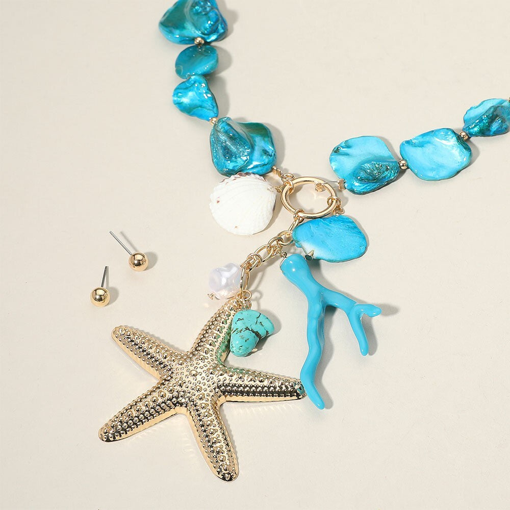 Starfish Coral Pearl Pendant Statement Necklace Beach Jewelry for Women Gift