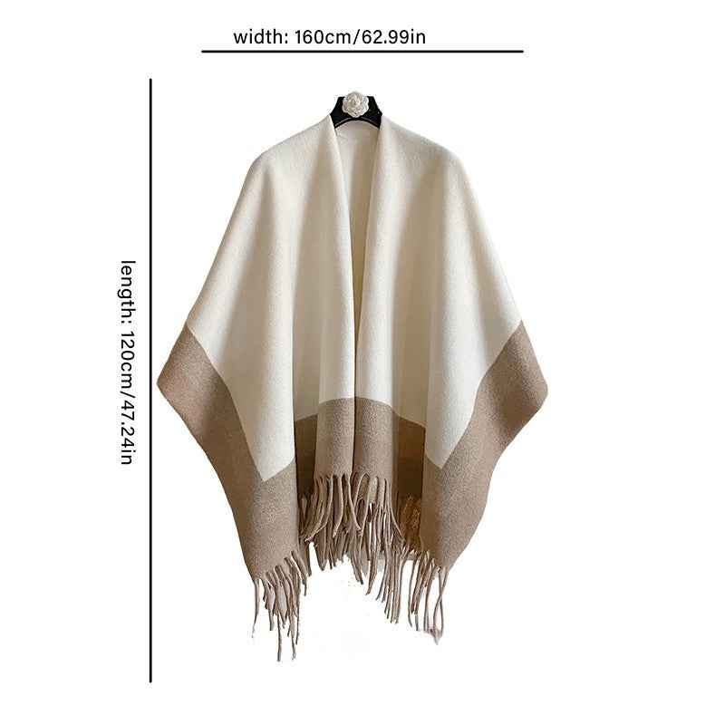 Women's Two Tone Fringe Poncho Cape Wrap Shawl Cardigan Winter Coat Oversized