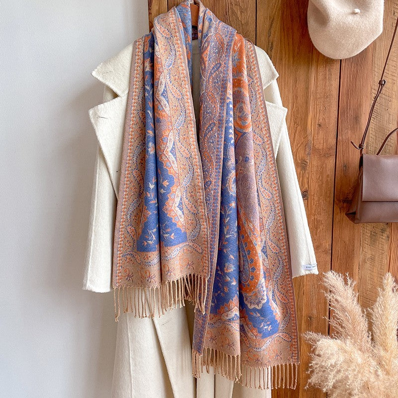 Reversible Blue Orange Paisley Cashmere Feel Shawl Wrap Fringe