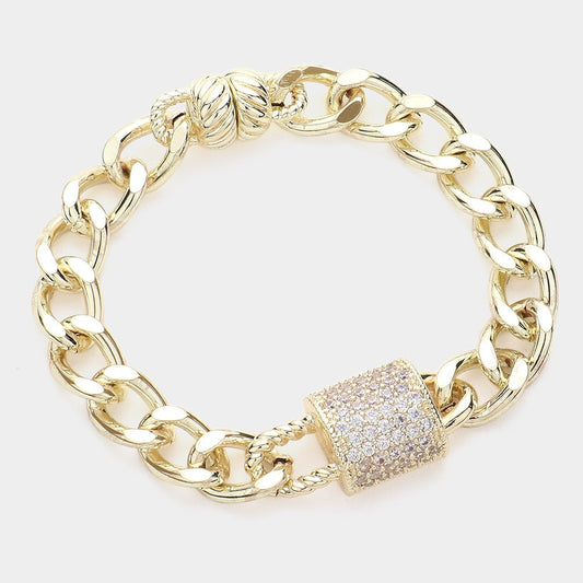 14K Gold Plated Women’s Chain Bracelet CZ Stone Paved Lock Magnetic Jewelry Gift