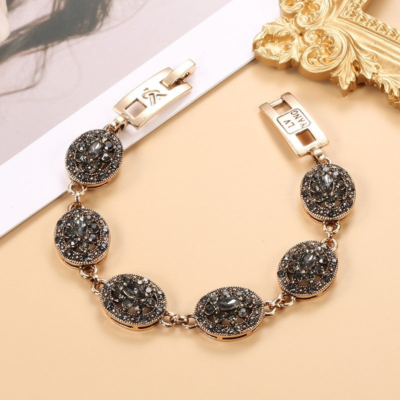 Antique Gold Crystal Flower Turkish Link Bracelet Bohemian Ethnic Jewelry