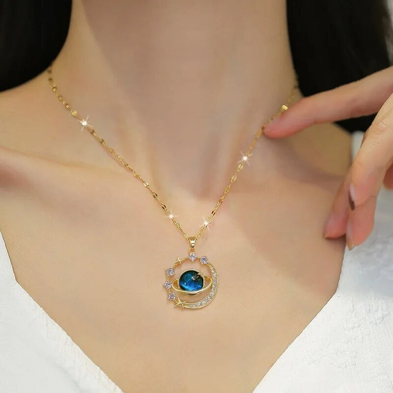 Cosmic Planet Moon Star Pendant Necklace Gold Plated Space Celestial Jewelry