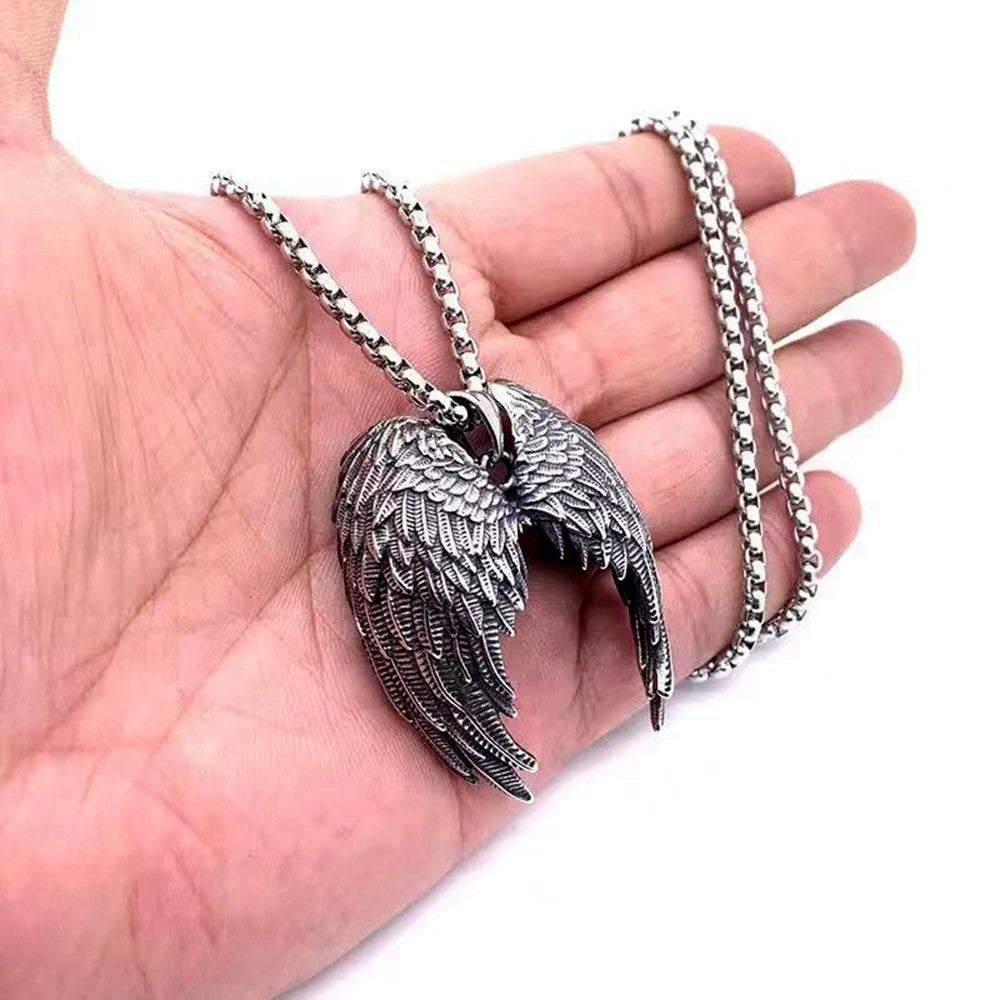 Men's Angel Wing Necklace Stainless Steel Guardian Biker Gothic Pendant Gift