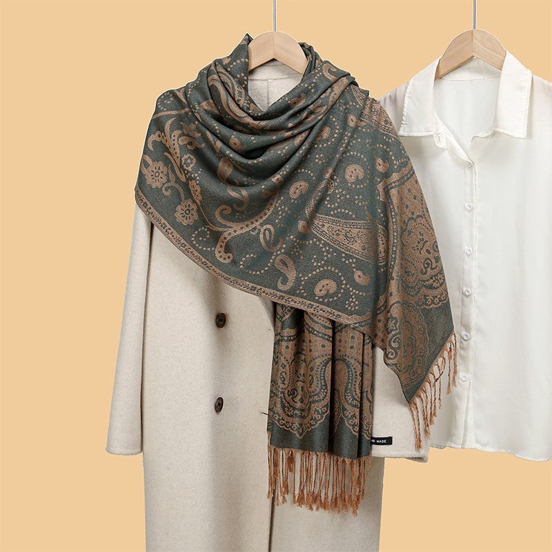 Cashmere Feel Paisley Scarf Shawl Wrap Jacquard Fringed Warm Green Taupe