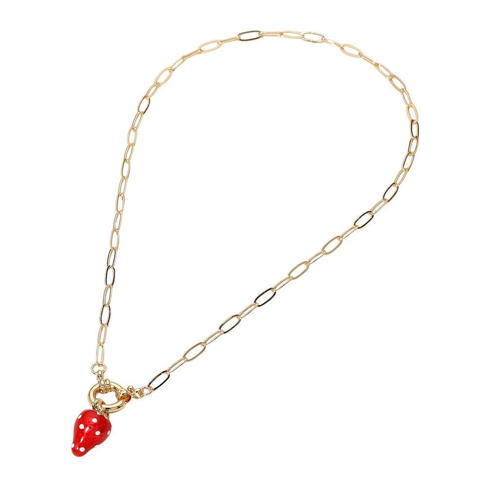Gold Paperclip Chain Necklace Strawberry Charm Enameled Fashion Jewelry