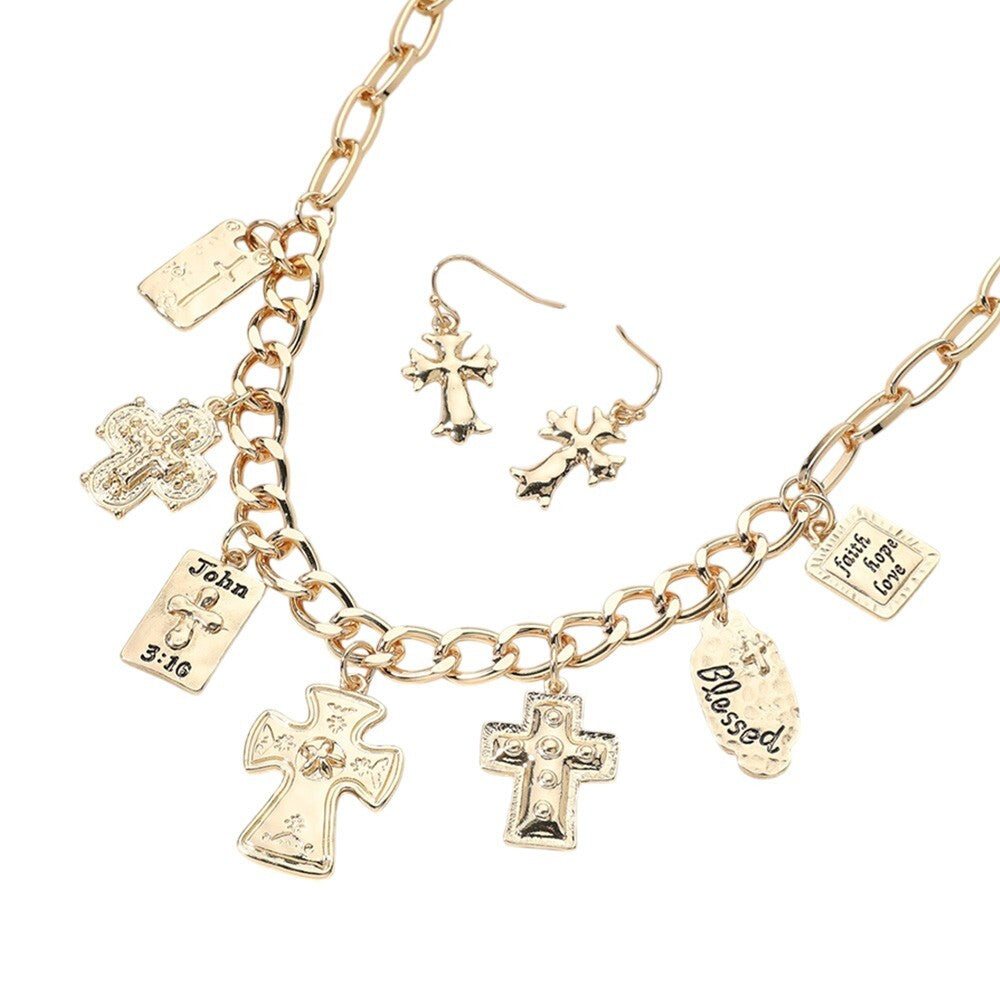 Chunky Chain Necklace Set with Metal Cross and Bible Charm Station for Women
