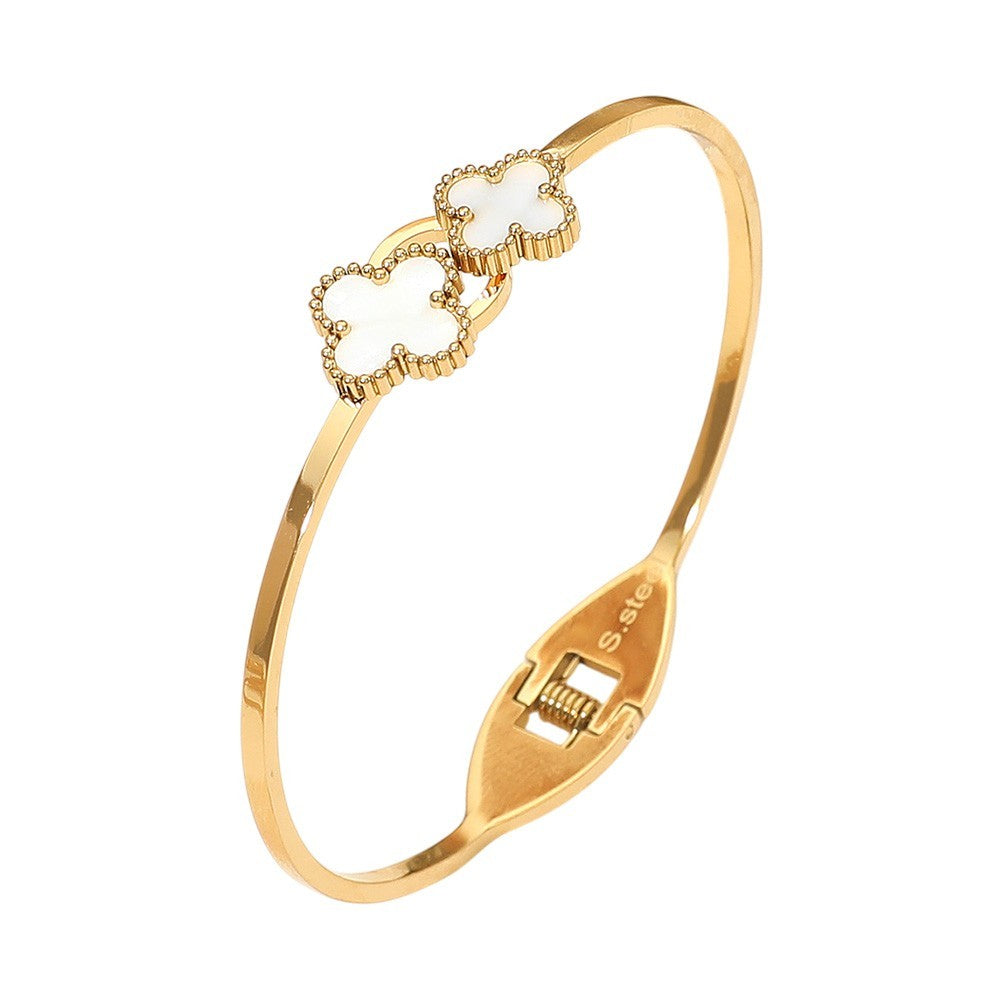 2-Pcs Gold Tone White Clover Bangle Bracelets Stainless Steel Hinged Women Gift