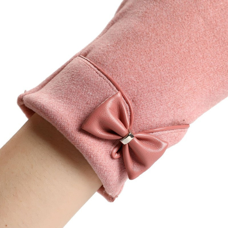 Pink Women's Winter Gloves Touch Screen Fleece Lined Bow Cuff Dressy Warm