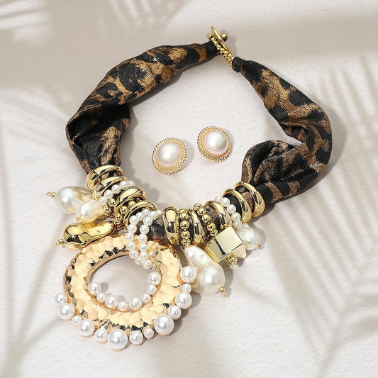2pc Leopard Print Scarf Necklace Faux Pearl Hammered Gold Charm Earring Set