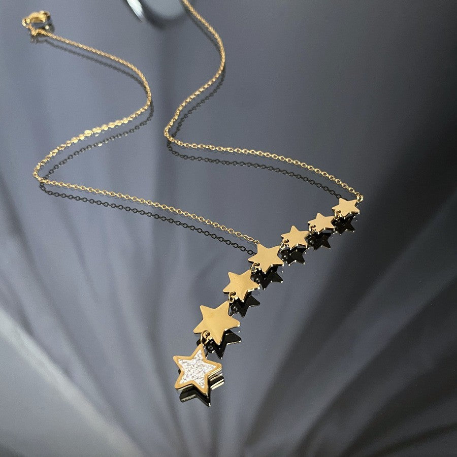 Dainty Gold Cascading Star Necklace Rhinestone Celestial Y-Shape Charm Jewelry